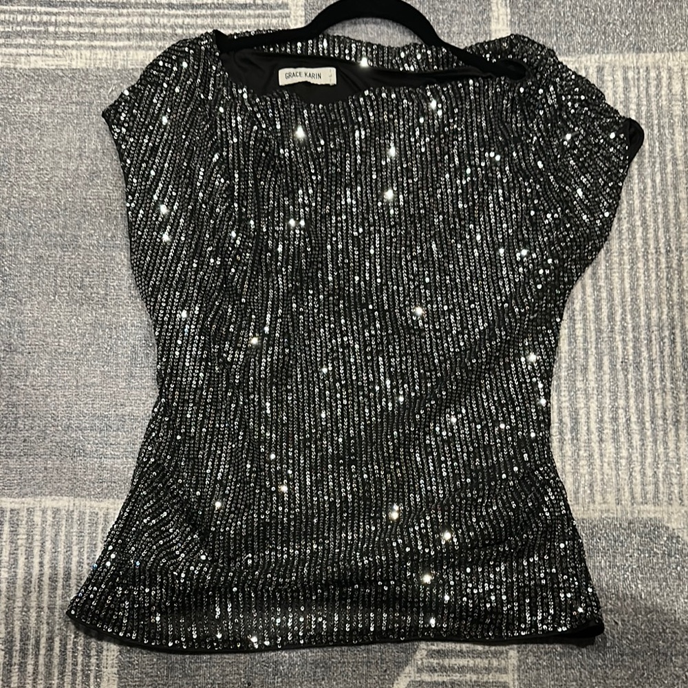 Grace Karin Black Sequin One Shoulder Blouse
